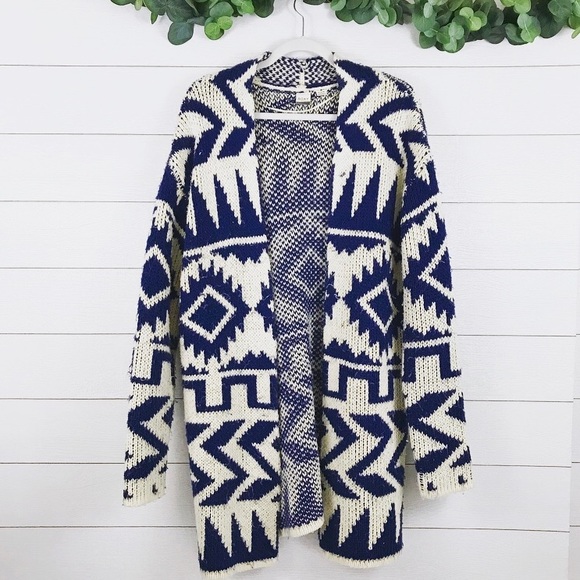 Roxy Sweaters - Roxy • Navy & White Aztec Knit Duster Cardigan
